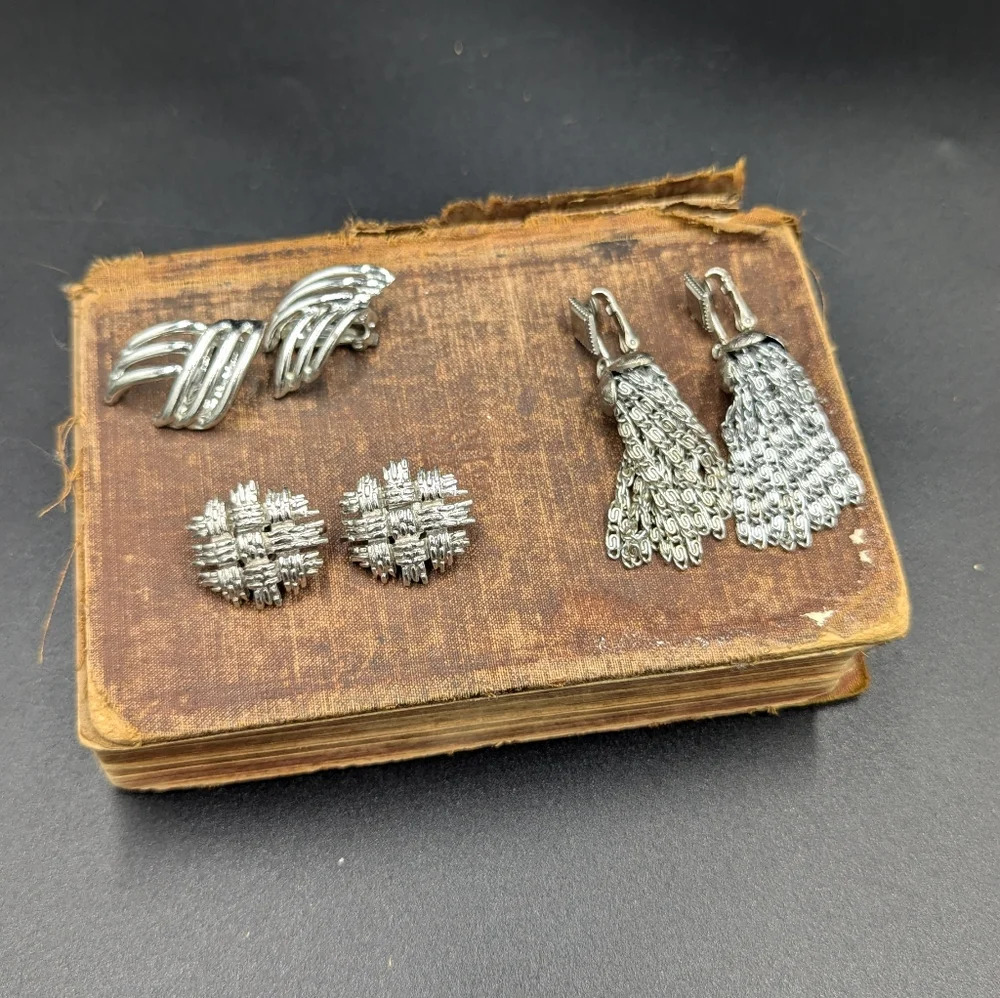 Vintage Silver Tone Clip On Earrings Bundle of 3
